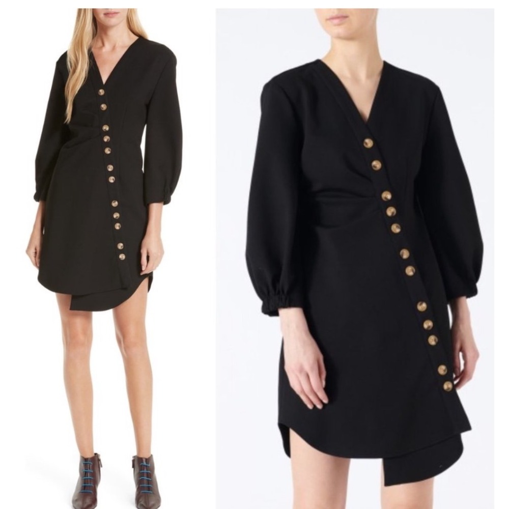 Tibi Bond Asymmetrical Blackout Button Front V Neck Long Sleeve Dress Size 6